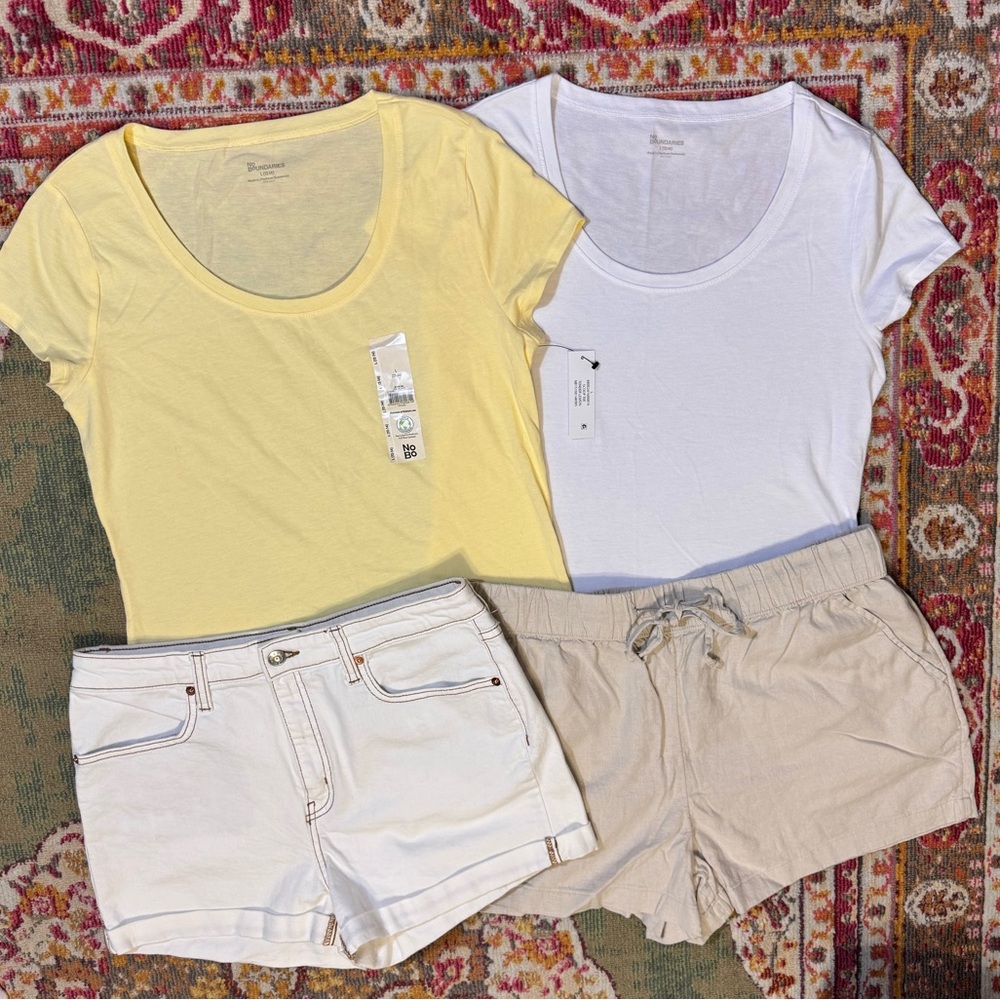 Women’s Large Butter Yellow & White Tees and Cream Denim & Linen Shorts Bundle